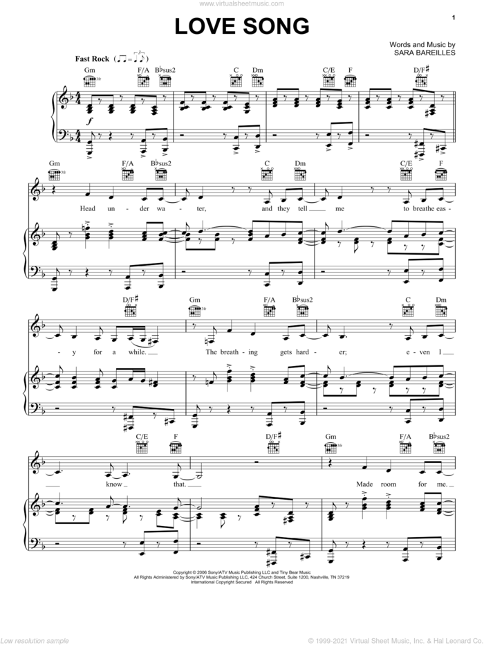 Love Song sheet music for voice, piano or guitar by Sara Bareilles and Adam Perlmutter, intermediate skill level