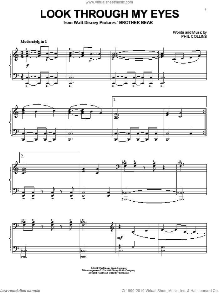 Look Through My Eyes, (intermediate) sheet music for piano solo by Phil Collins, intermediate skill level