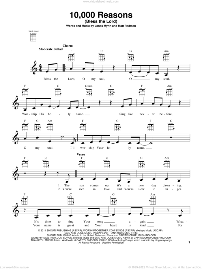 10,000 Reasons (Bless The Lord) sheet music for ukulele by Matt Redman and Jonas Myrin, intermediate skill level