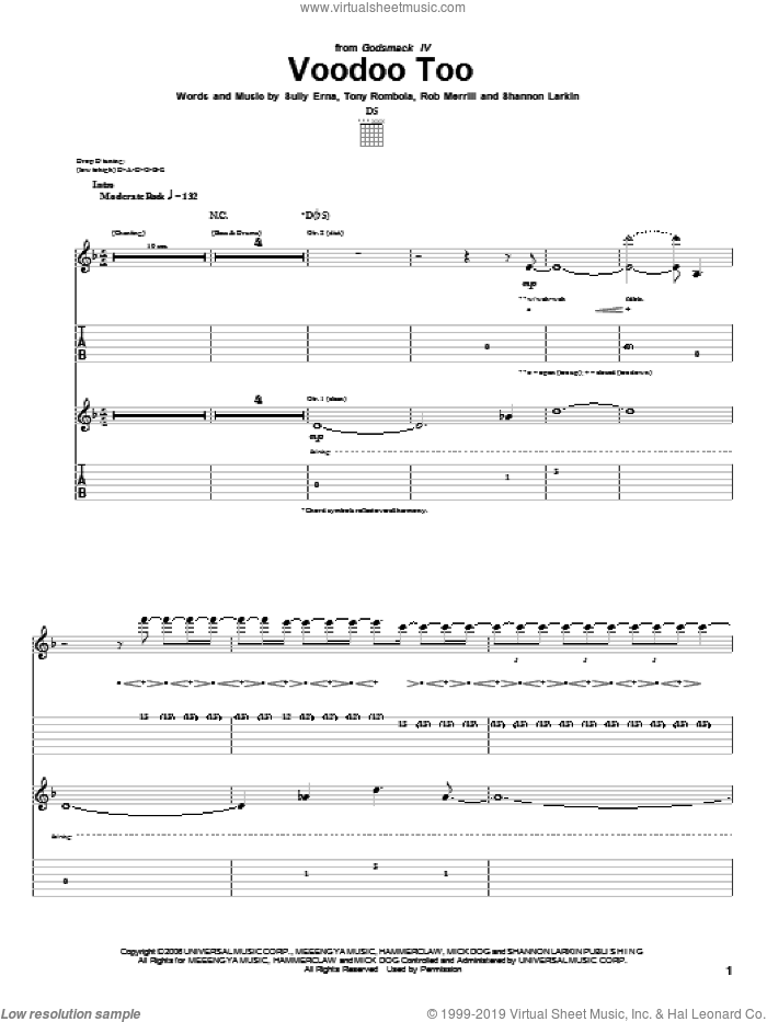 Voodoo Too sheet music for guitar (tablature) by Godsmack, Rob Merrill, Shannon Larkin, Sully Erna and Tony Rombola, intermediate skill level