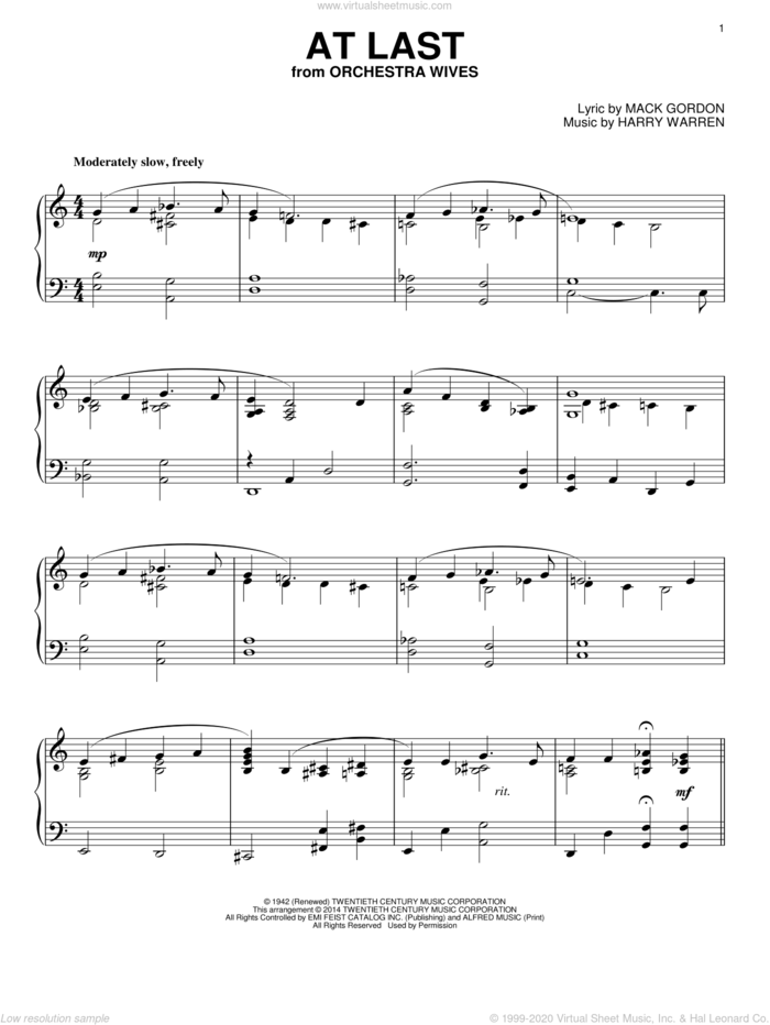 At Last, (intermediate) sheet music for piano solo by Etta James, Celine Dion, Harry Warren and Mack Gordon, intermediate skill level