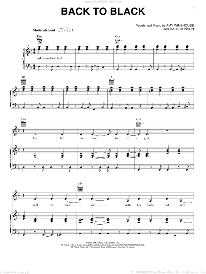 Back To Black sheet music for voice, piano or guitar by Amy Winehouse, intermediate skill level