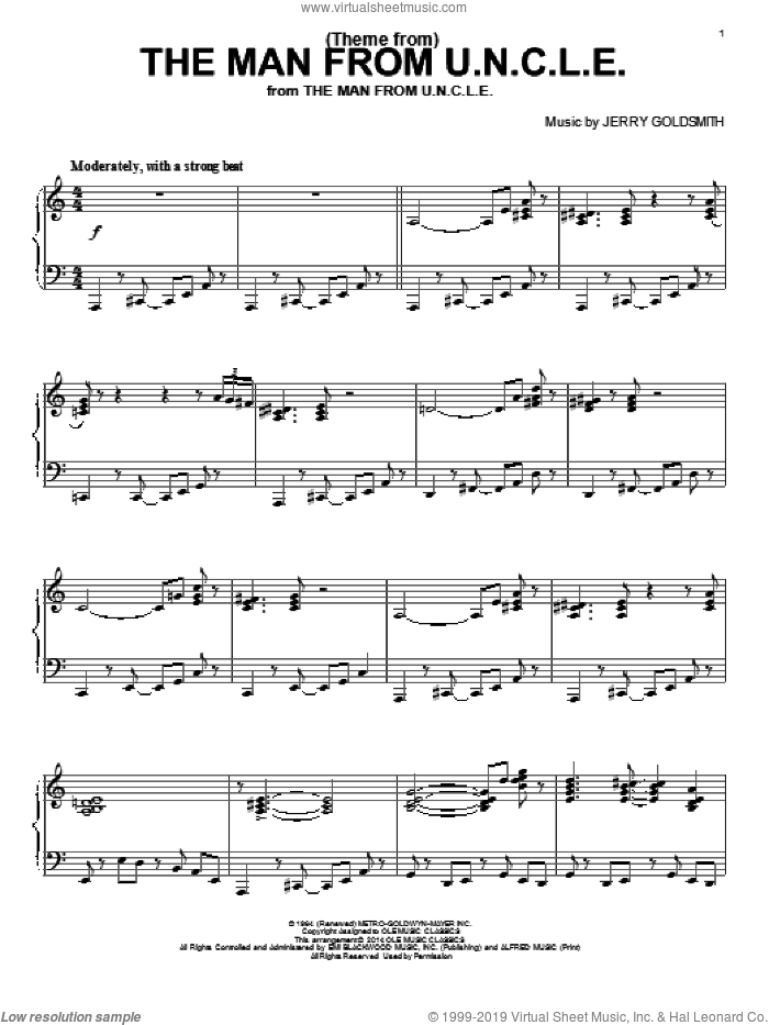(Theme From) The Man From U.N.C.L.E. sheet music for piano solo by Jerry Goldsmith, intermediate skill level