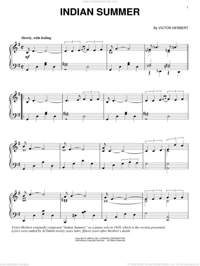 Indian Summer sheet music for piano solo by Victor Herbert, intermediate skill level