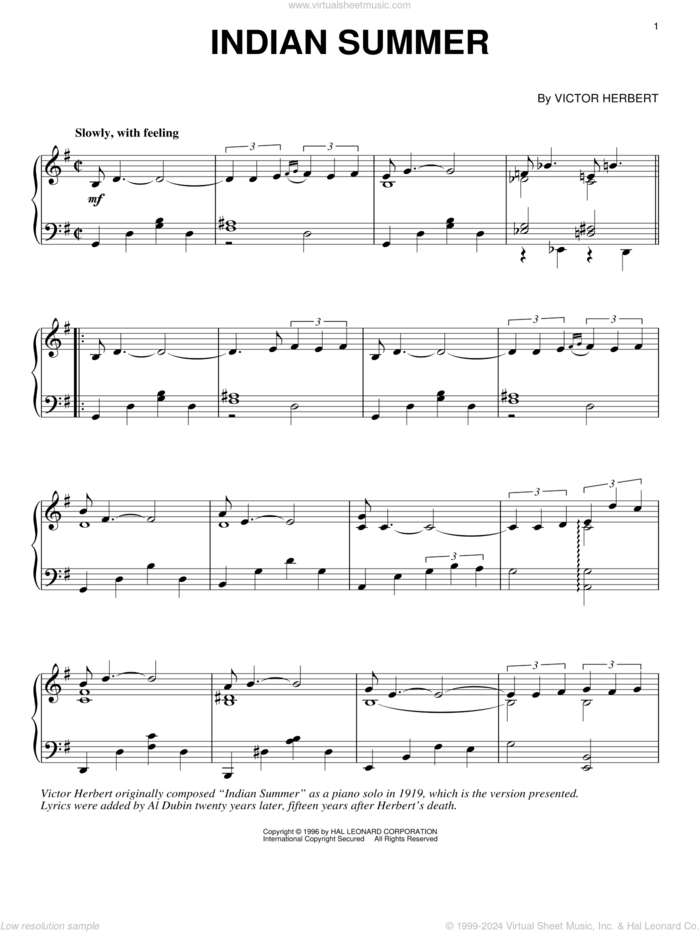 Indian Summer sheet music for piano solo by Victor Herbert, intermediate skill level