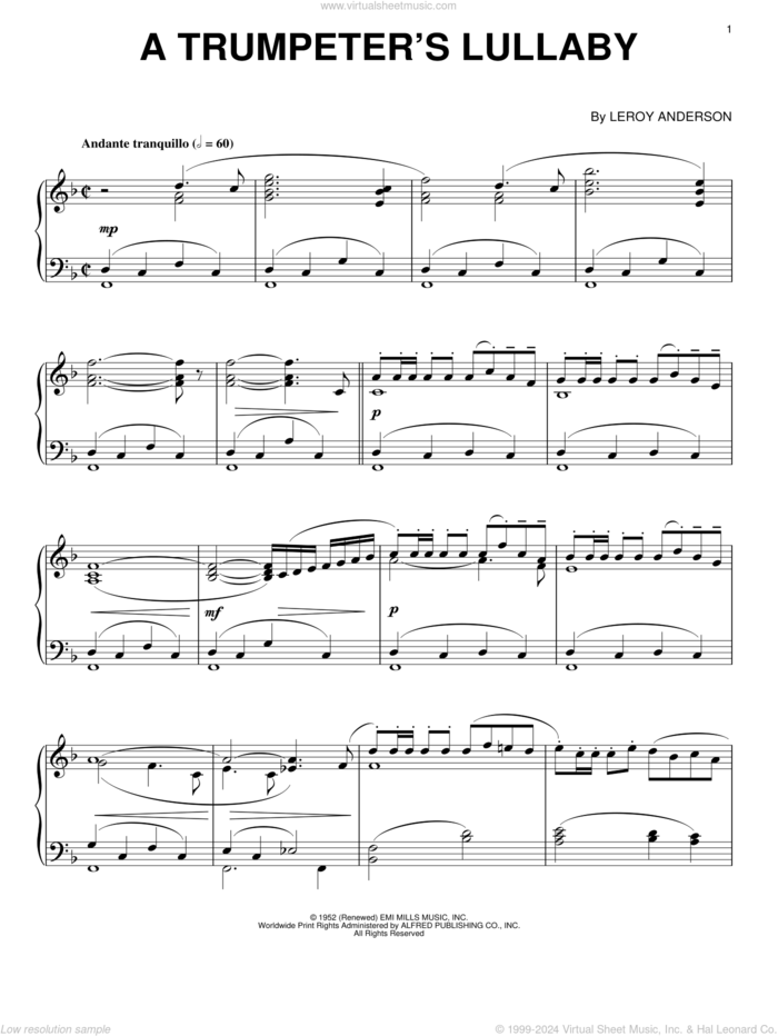 A Trumpeter's Lullaby sheet music for piano solo by Leroy Anderson, intermediate skill level