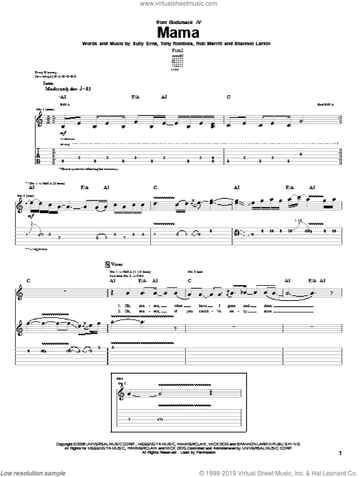 Mama sheet music for guitar (tablature) by Godsmack, Rob Merrill, Shannon Larkin, Sully Erna and Tony Rombola, intermediate skill level