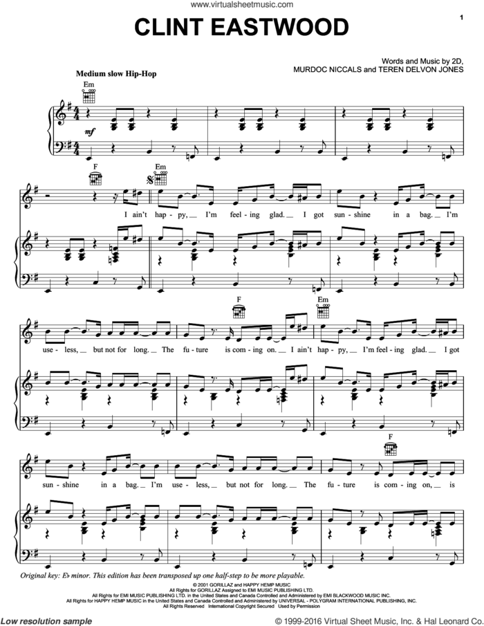 Clint Eastwood sheet music for voice, piano or guitar by Gorillaz, 2D, Murdoc Niccals and Teren Delvon Jones, intermediate skill level