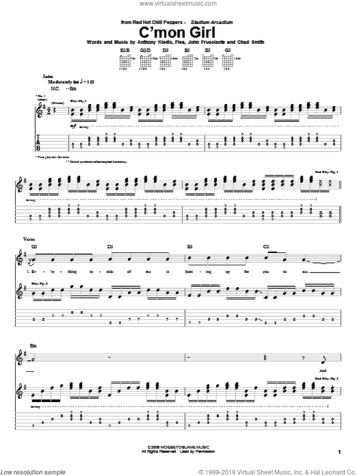 C'Mon Girl sheet music for guitar (tablature) by Red Hot Chili Peppers, Anthony Kiedis, Chad Smith, Flea and John Frusciante, intermediate skill level