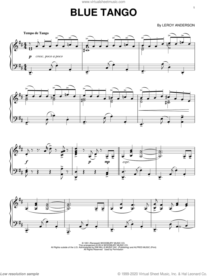 Blue Tango sheet music for piano solo by Leroy Anderson, intermediate skill level