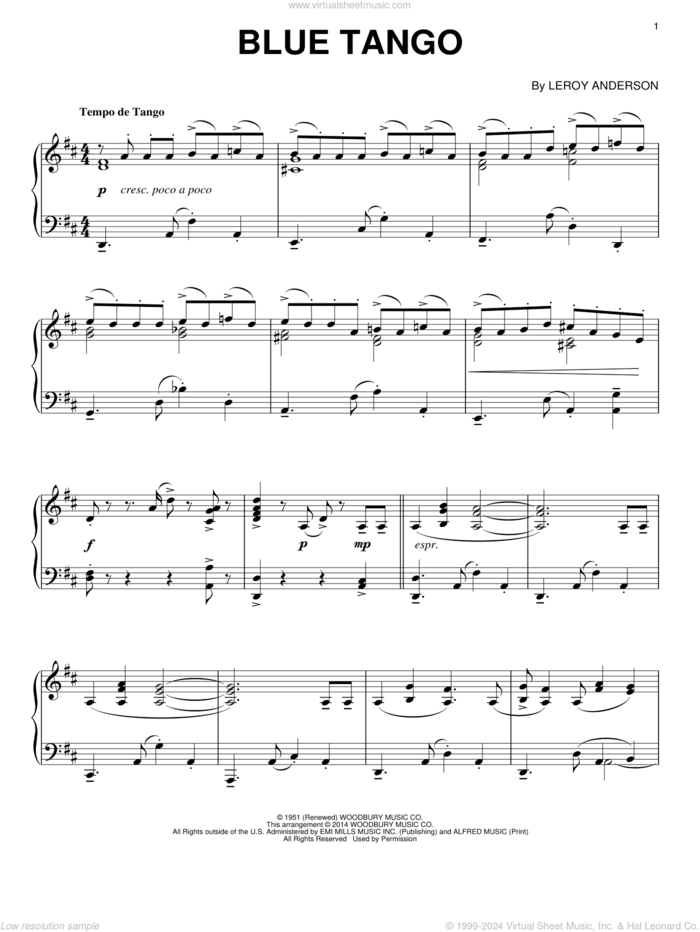 Blue Tango sheet music for piano solo by Leroy Anderson, intermediate skill level