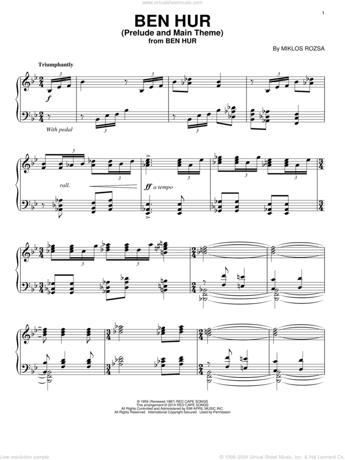 Ben Hur (Prelude and Main Theme) sheet music for piano solo by Miklos Rozsa, intermediate skill level