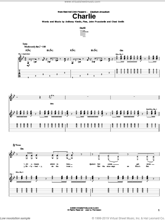 Charlie sheet music for guitar (tablature) by Red Hot Chili Peppers, Anthony Kiedis, Chad Smith, Flea and John Frusciante, intermediate skill level