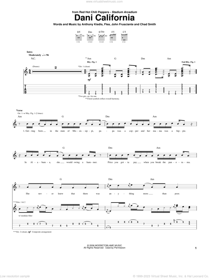 Dani California sheet music for guitar (tablature) by Red Hot Chili Peppers, Anthony Kiedis, Chad Smith, Flea and John Frusciante, intermediate skill level
