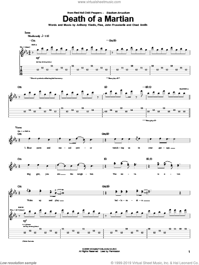 Death Of A Martian sheet music for guitar (tablature) by Red Hot Chili Peppers, Anthony Kiedis, Chad Smith, Flea and John Frusciante, intermediate skill level