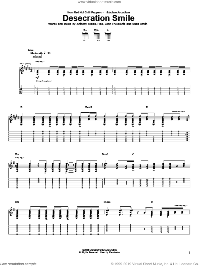 Desecration Smile sheet music for guitar (tablature) by Red Hot Chili Peppers, Anthony Kiedis, Chad Smith, Flea and John Frusciante, intermediate skill level