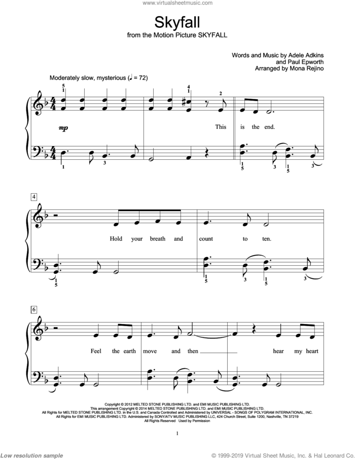 Skyfall sheet music for piano solo (elementary) by Adele, Adele Adkins, Bill Boyd, Mona Rejino, Paul Epworth and Robert Vandall, beginner piano (elementary)