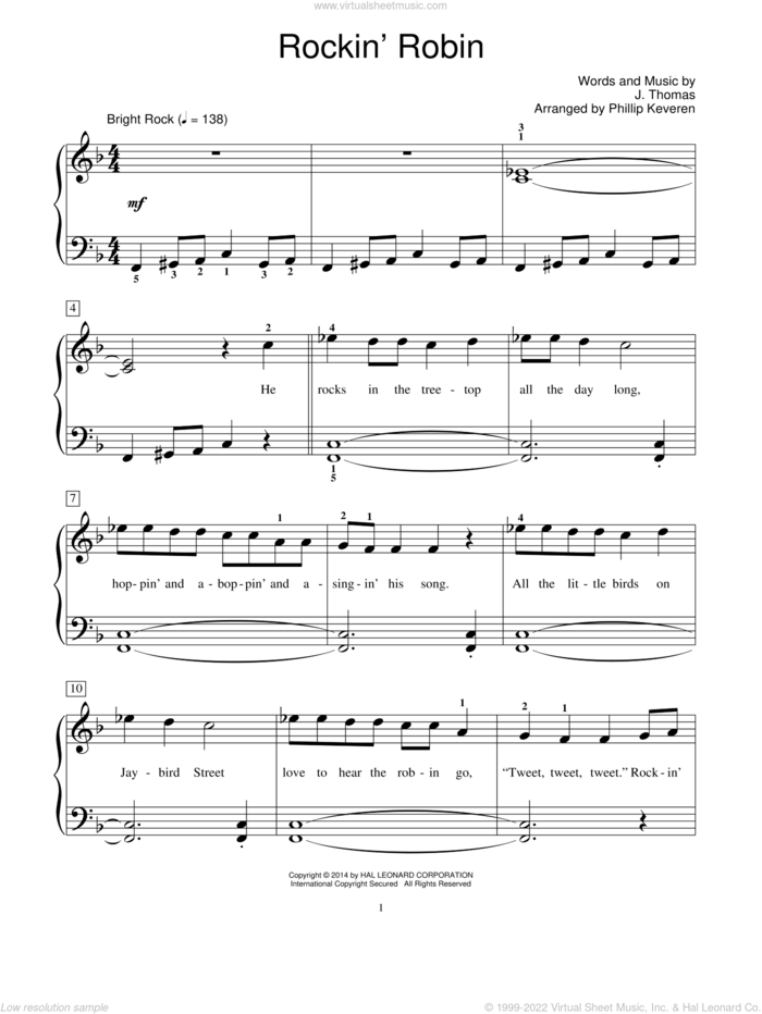 Rockin' Robin (arr. Phillip Keveren) sheet music for piano solo (elementary) by Michael Jackson, Phillip Keveren, Bill Boyd, Bobby Day, Mona Rejino, Robert Vandall and Thomas Jimmie, beginner piano (elementary)