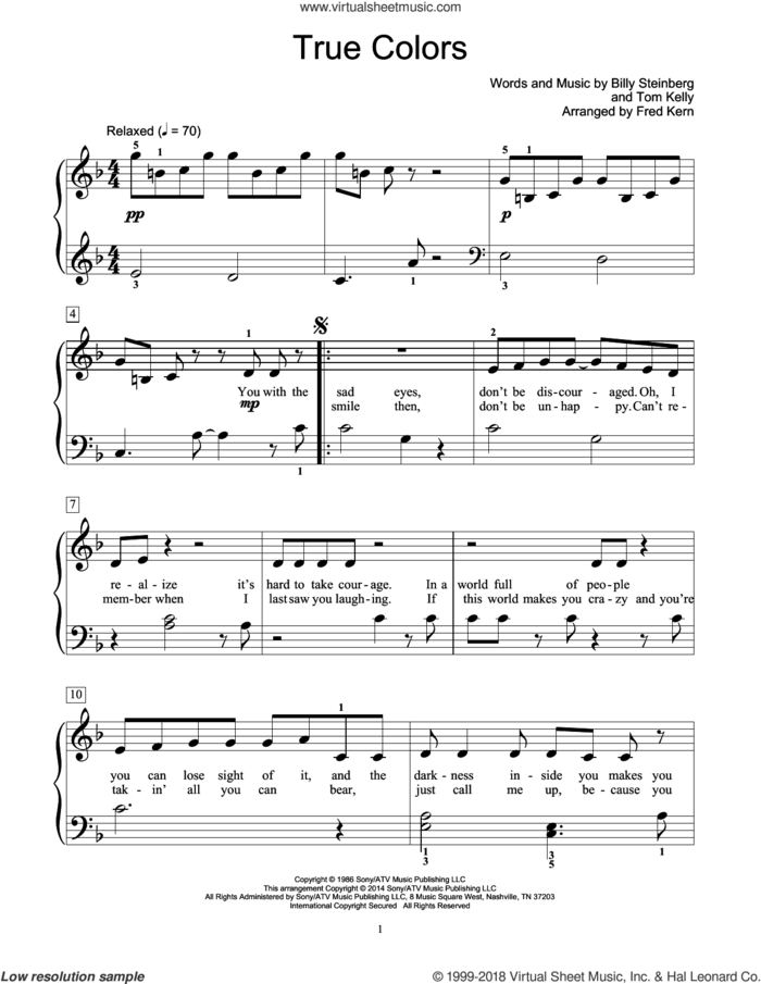 True Colors (arr. Fred Kern) sheet music for piano solo (elementary) by Billy Steinberg, Fred Kern, Cyndi Lauper, Mona Rejino, Phil Collins, Phillip Keveren, Robert Vandall, Bill Boyd and Tom Kelly, beginner piano (elementary)