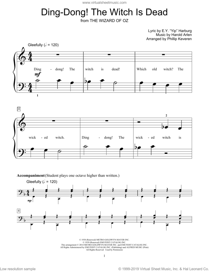 Ding-Dong! The Witch Is Dead (from The Wizard Of Oz) (arr. Phillip Keveren) sheet music for piano solo (elementary) by Harold Arlen, Phillip Keveren, Bill Boyd and E.Y. Harburg, classical score, beginner piano (elementary)