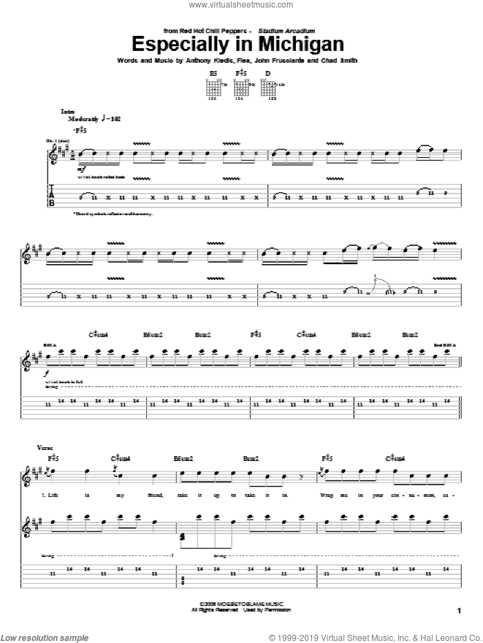 Especially In Michigan sheet music for guitar (tablature) by Red Hot Chili Peppers, Anthony Kiedis, Chad Smith, Flea and John Frusciante, intermediate skill level