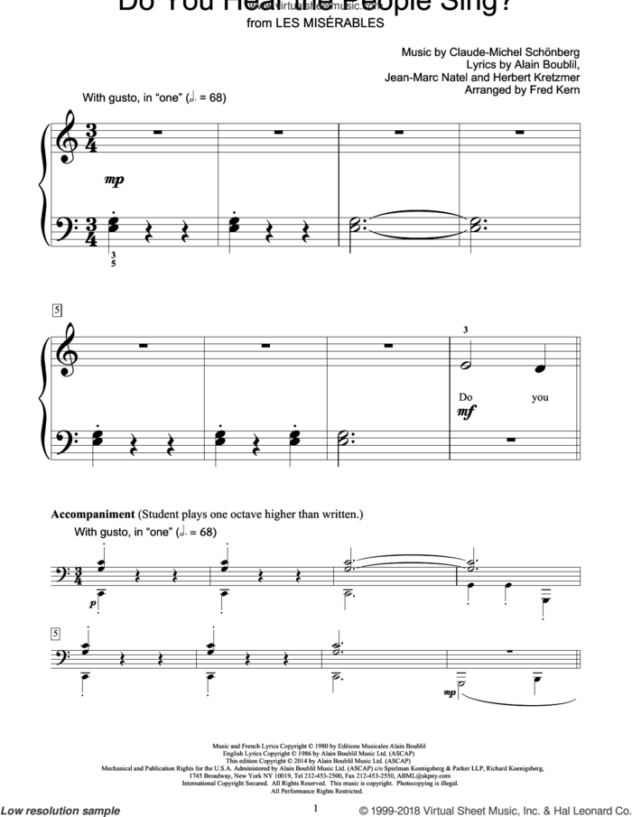 Do You Hear The People Sing? sheet music for piano solo (elementary) by Alain Boublil, Fred Kern, Bill Boyd, Claude-Michel Schonberg, Herbert Kretzmer and Jean-Marc Natel, beginner piano (elementary)
