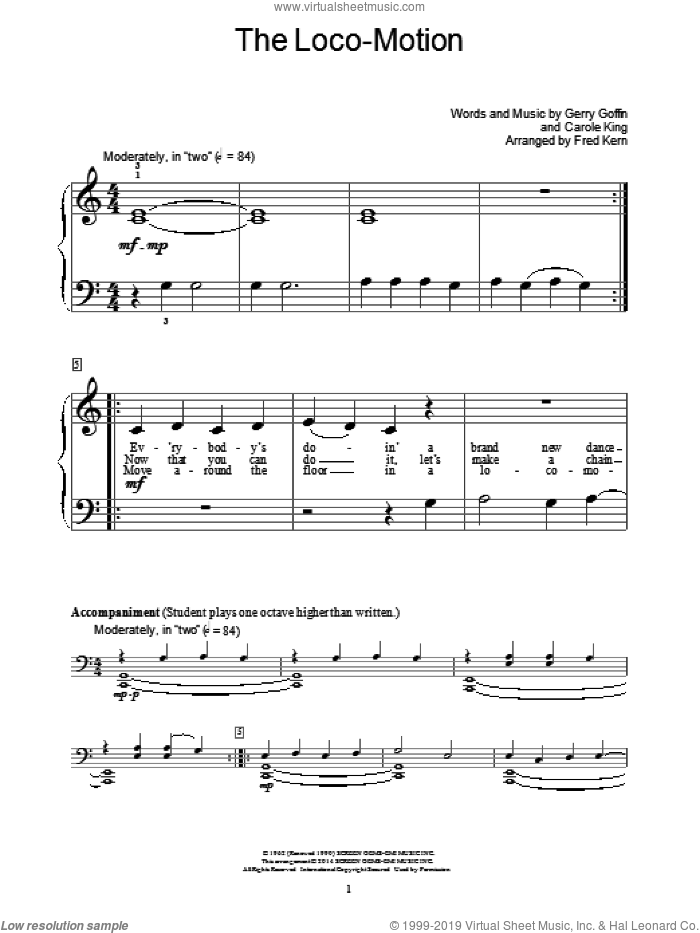 The Loco-Motion sheet music for piano solo (elementary) by Carole King, Fred Kern, Bill Boyd, Gerry Goffin, Grand Funk, Kylie Minogue and Little Eva, beginner piano (elementary)
