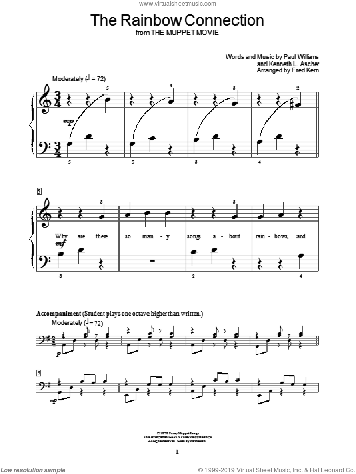 The Rainbow Connection sheet music for piano solo (elementary) by Paul Williams, Fred Kern, Bill Boyd and Kenneth L. Ascher, beginner piano (elementary)