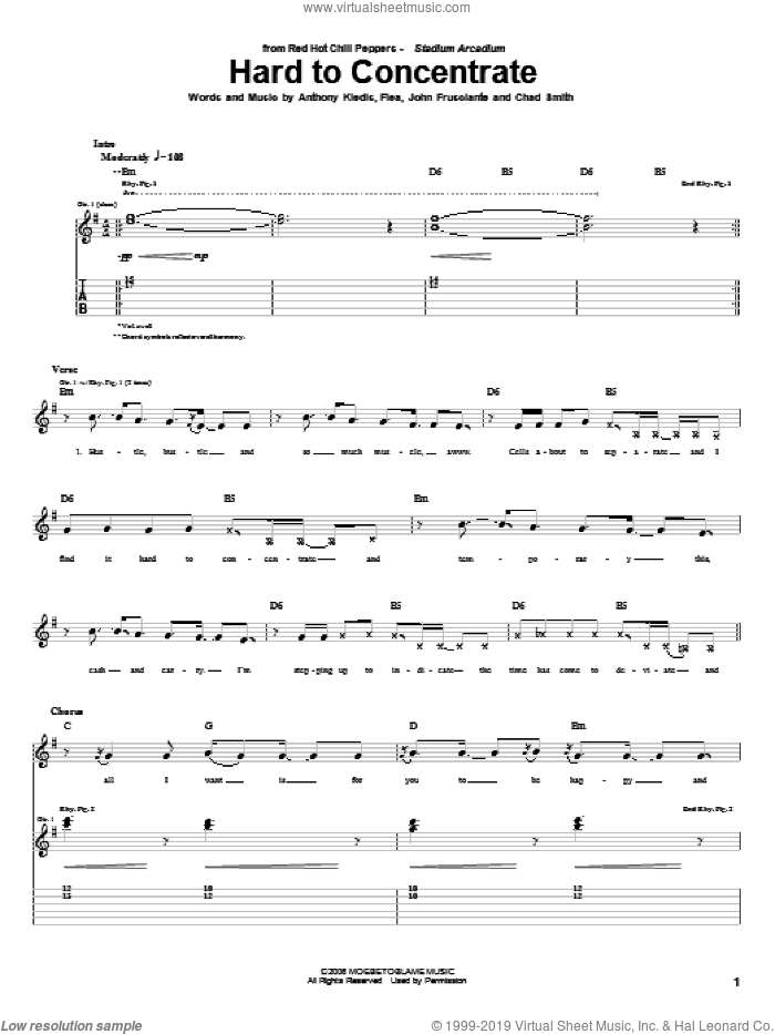 Hard To Concentrate sheet music for guitar (tablature) by Red Hot Chili Peppers, Anthony Kiedis, Chad Smith, Flea and John Frusciante, intermediate skill level