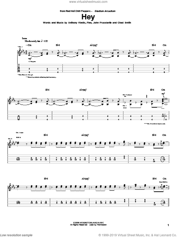 Hey sheet music for guitar (tablature) by Red Hot Chili Peppers, Anthony Kiedis, Chad Smith, Flea and John Frusciante, intermediate skill level