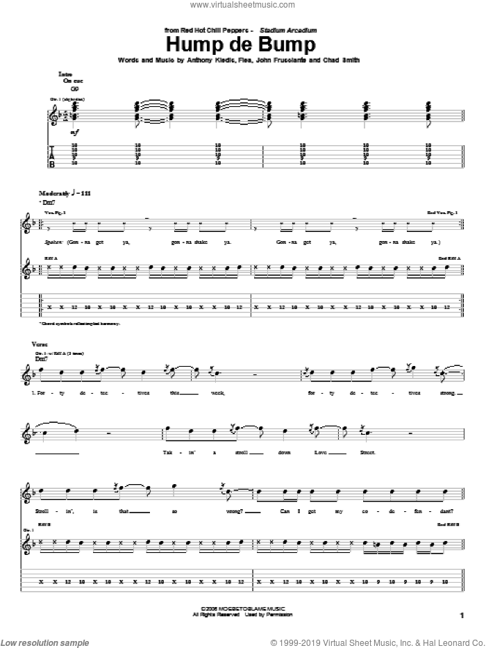 Hump De Bump sheet music for guitar (tablature) by Red Hot Chili Peppers, Anthony Kiedis, Chad Smith, Flea and John Frusciante, intermediate skill level