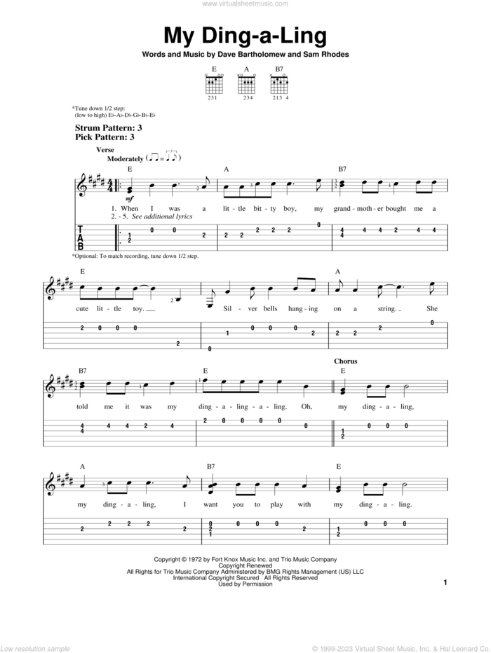 My Ding-A-Ling sheet music for guitar solo (easy tablature) by Chuck Berry, Dave Bartholomew and Sam Rhodes, easy guitar (easy tablature)