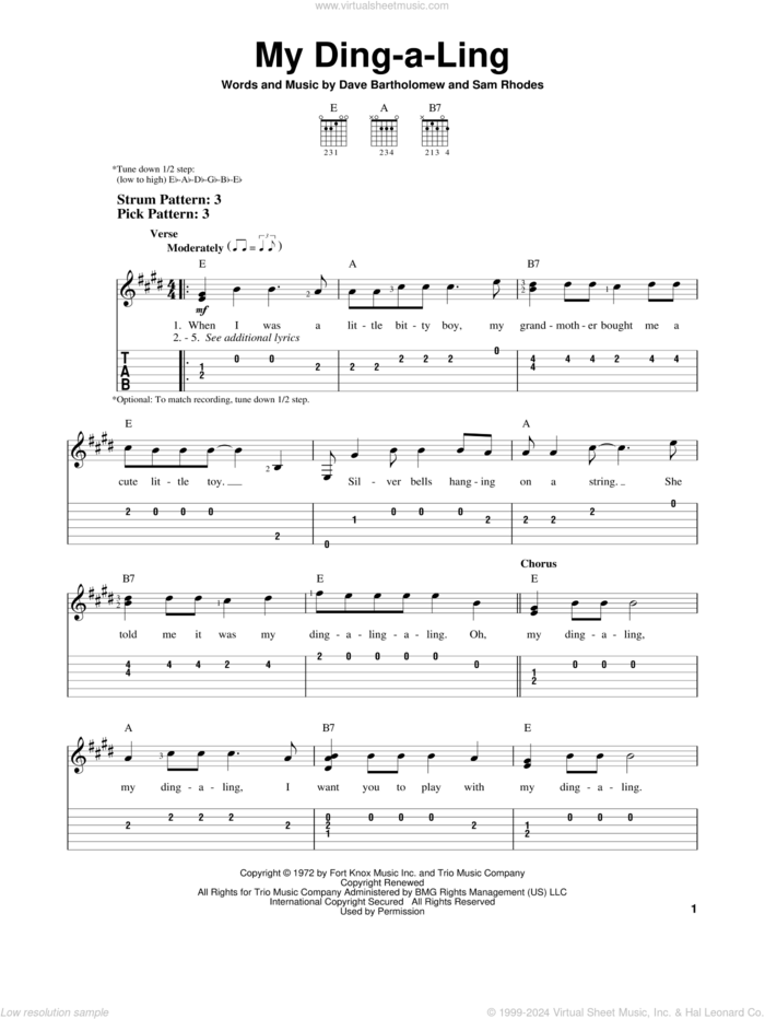 My Ding-A-Ling sheet music for guitar solo (easy tablature) by Chuck Berry, Dave Bartholomew and Sam Rhodes, easy guitar (easy tablature)