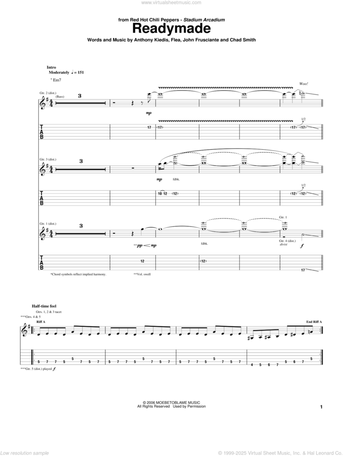 Readymade sheet music for guitar (tablature) by Red Hot Chili Peppers, Anthony Kiedis, Chad Smith, Flea and John Frusciante, intermediate skill level