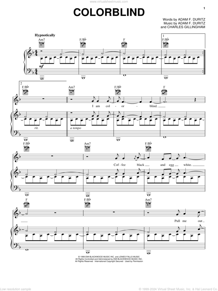 Colorblind sheet music for voice, piano or guitar by Counting Crows, Adam Perlmutter, Adam Duritz and Charles Gillingham, intermediate skill level