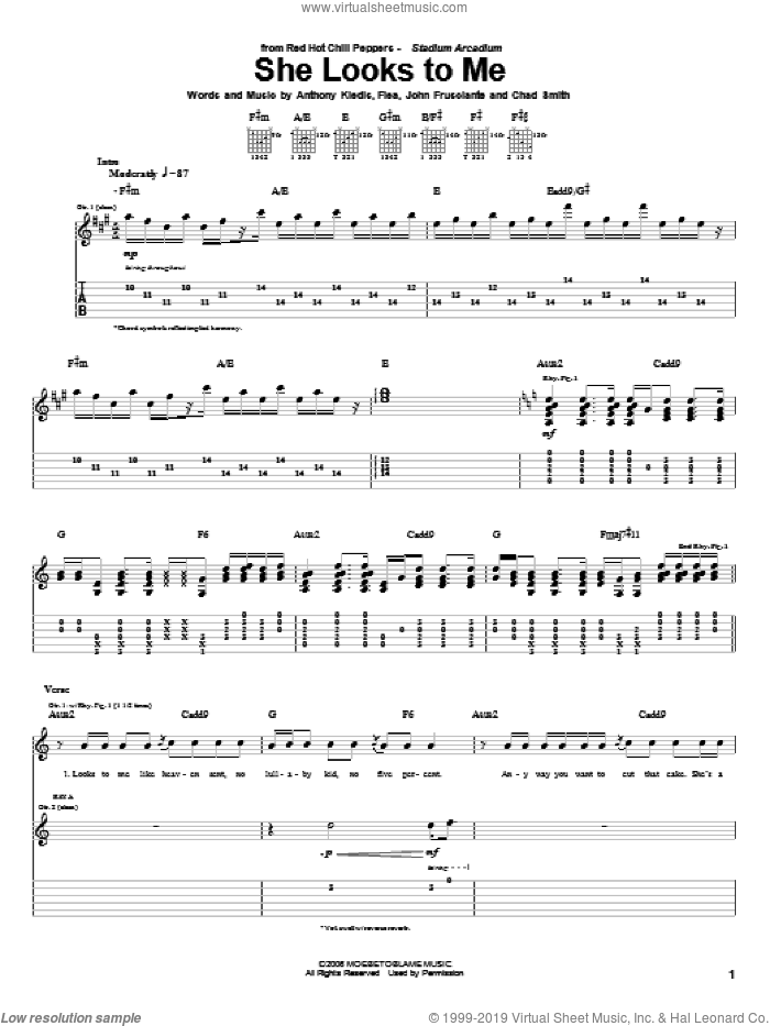 She Looks To Me sheet music for guitar (tablature) by Red Hot Chili Peppers, Anthony Kiedis, Chad Smith, Flea and John Frusciante, intermediate skill level