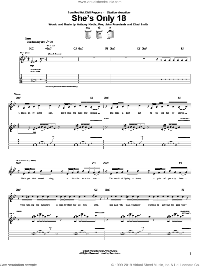 She's Only 18 sheet music for guitar (tablature) by Red Hot Chili Peppers, Anthony Kiedis, Chad Smith, Flea and John Frusciante, intermediate skill level