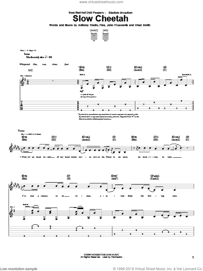 Slow Cheetah sheet music for guitar (tablature) by Red Hot Chili Peppers, Anthony Kiedis, Chad Smith, Flea and John Frusciante, intermediate skill level