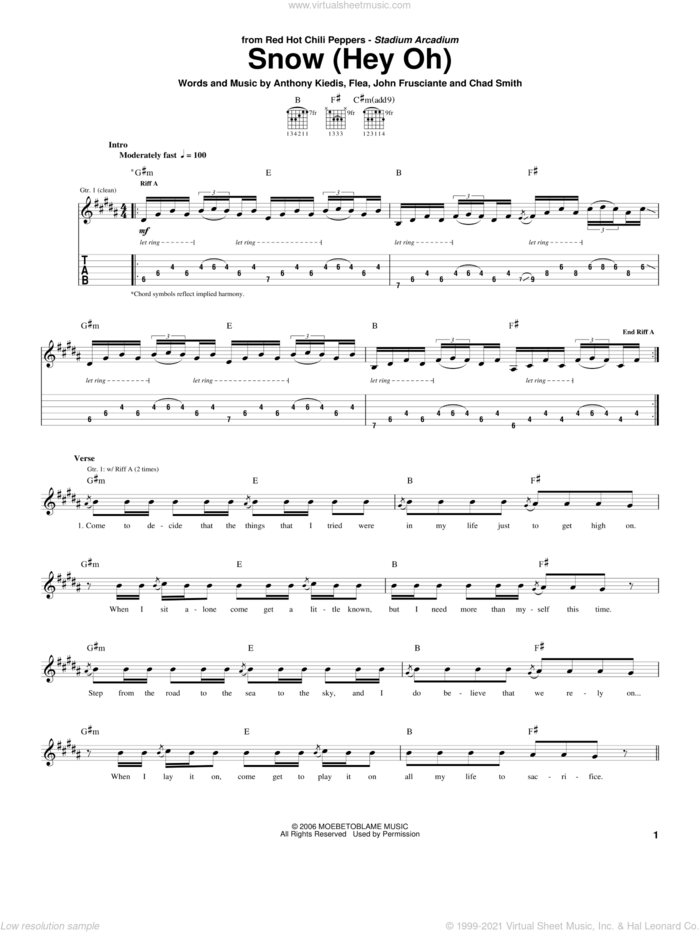 Snow (Hey Oh) sheet music for guitar (tablature) by Red Hot Chili Peppers, Anthony Kiedis, Chad Smith, Flea and John Frusciante, intermediate skill level