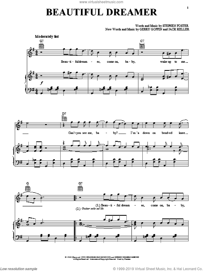 Beautiful Dreamer sheet music for voice, piano or guitar by The Beatles, Gerry Goffin, Jack Keller and Stephen Foster, intermediate skill level