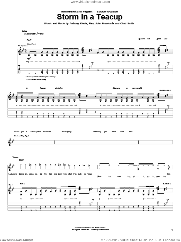 Storm In A Teacup sheet music for guitar (tablature) by Red Hot Chili Peppers, Anthony Kiedis, Chad Smith, Flea and John Frusciante, intermediate skill level