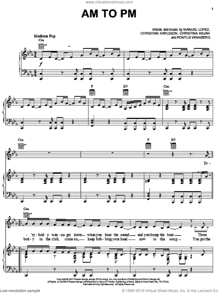 AM To PM sheet music for voice, piano or guitar by Christina Milian, Christian Karlsson and Manuel Lopez, intermediate skill level