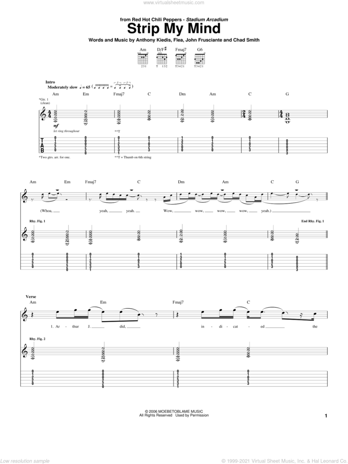 Strip My Mind sheet music for guitar (tablature) by Red Hot Chili Peppers, Anthony Kiedis, Chad Smith, Flea and John Frusciante, intermediate skill level