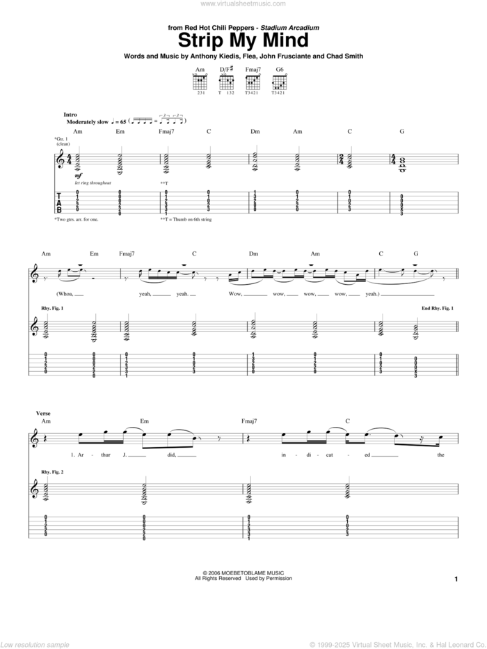 Strip My Mind sheet music for guitar (tablature) by Red Hot Chili Peppers, Anthony Kiedis, Chad Smith, Flea and John Frusciante, intermediate skill level