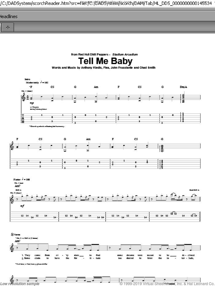 Tell Me Baby sheet music for guitar (tablature) by Red Hot Chili Peppers, Anthony Kiedis, Chad Smith, Flea and John Frusciante, intermediate skill level
