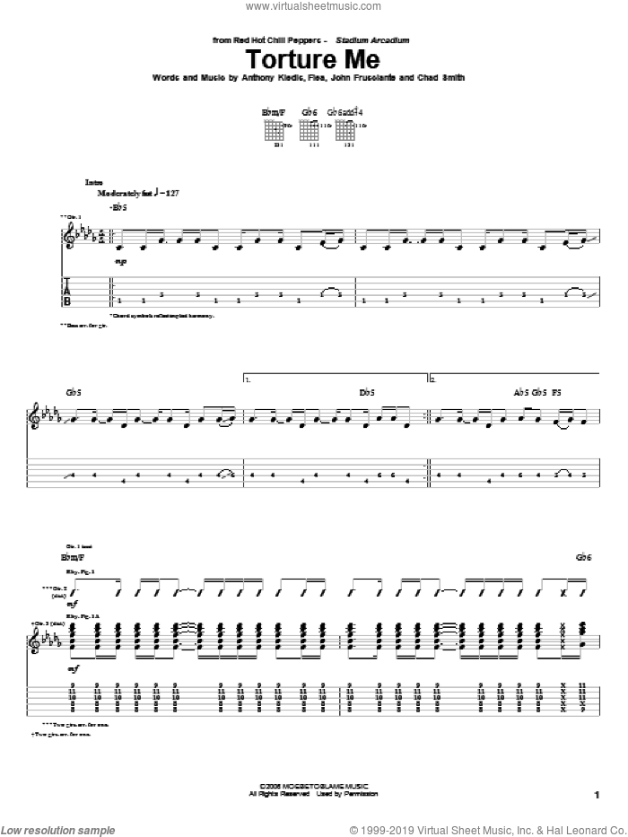 Torture Me sheet music for guitar (tablature) by Red Hot Chili Peppers, Anthony Kiedis, Chad Smith, Flea and John Frusciante, intermediate skill level