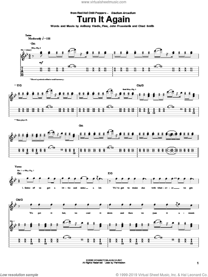 Turn It Again sheet music for guitar (tablature) by Red Hot Chili Peppers, Anthony Kiedis, Chad Smith, Flea and John Frusciante, intermediate skill level