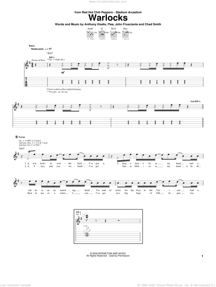 Warlocks sheet music for guitar (tablature) by Red Hot Chili Peppers, Anthony Kiedis, Chad Smith, Flea and John Frusciante, intermediate skill level