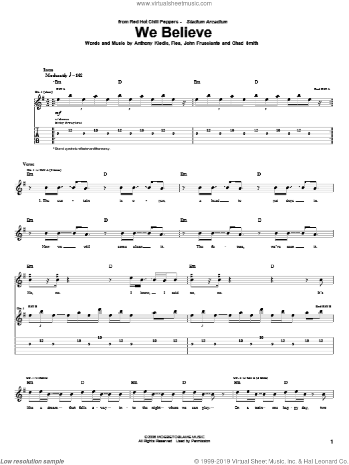 We Believe sheet music for guitar (tablature) by Red Hot Chili Peppers, Anthony Kiedis, Chad Smith, Flea and John Frusciante, intermediate skill level