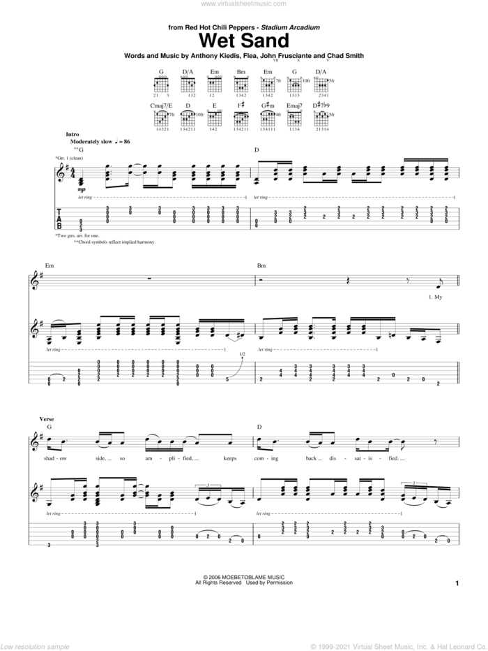 Wet Sand sheet music for guitar (tablature) by Red Hot Chili Peppers, Anthony Kiedis, Chad Smith, Flea and John Frusciante, intermediate skill level